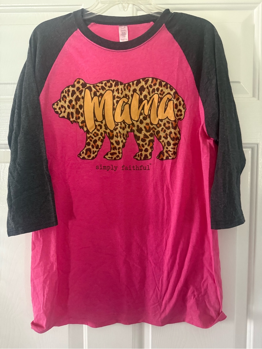 Mama Leopard Bear Raglan Shirt - Pink & Charcoal